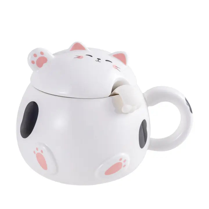 Cat 15oz Mug with Lid and Spoon White